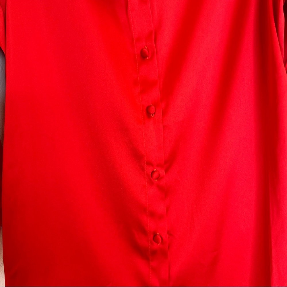 Red Long-Sleeve Button Down Stretch Satin Shirt - Picture 3 of 6